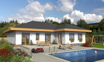 Casa en forma de L con garaje para dos coches y tejado a cuatro aguas. El tejado plano es opcional.